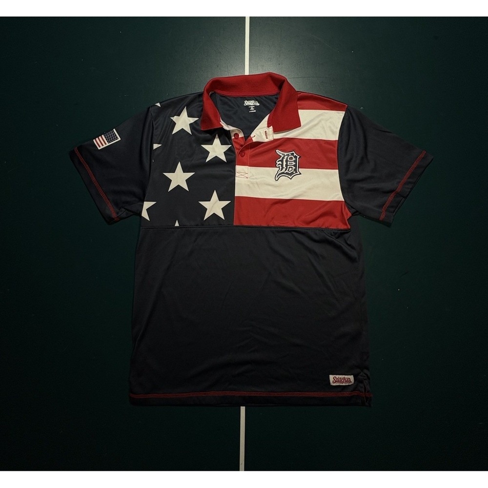 Detroit Tigers USA Flag‎ Polo Shirt Mens Medium Stitches Red Blue MLB Baseball